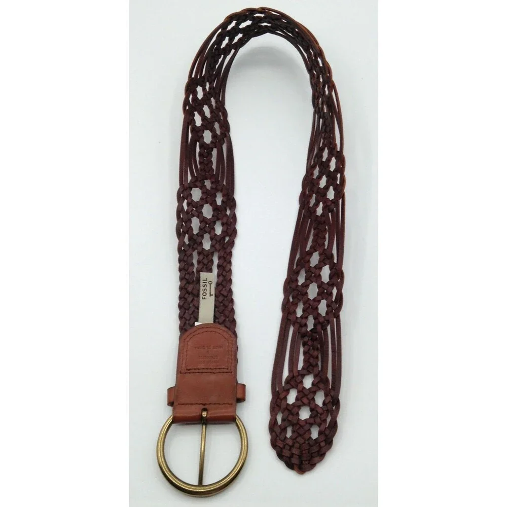 Fossil Belt Wn S Brown Leather Braided Woven Brass Buckle Boho Hippie Western